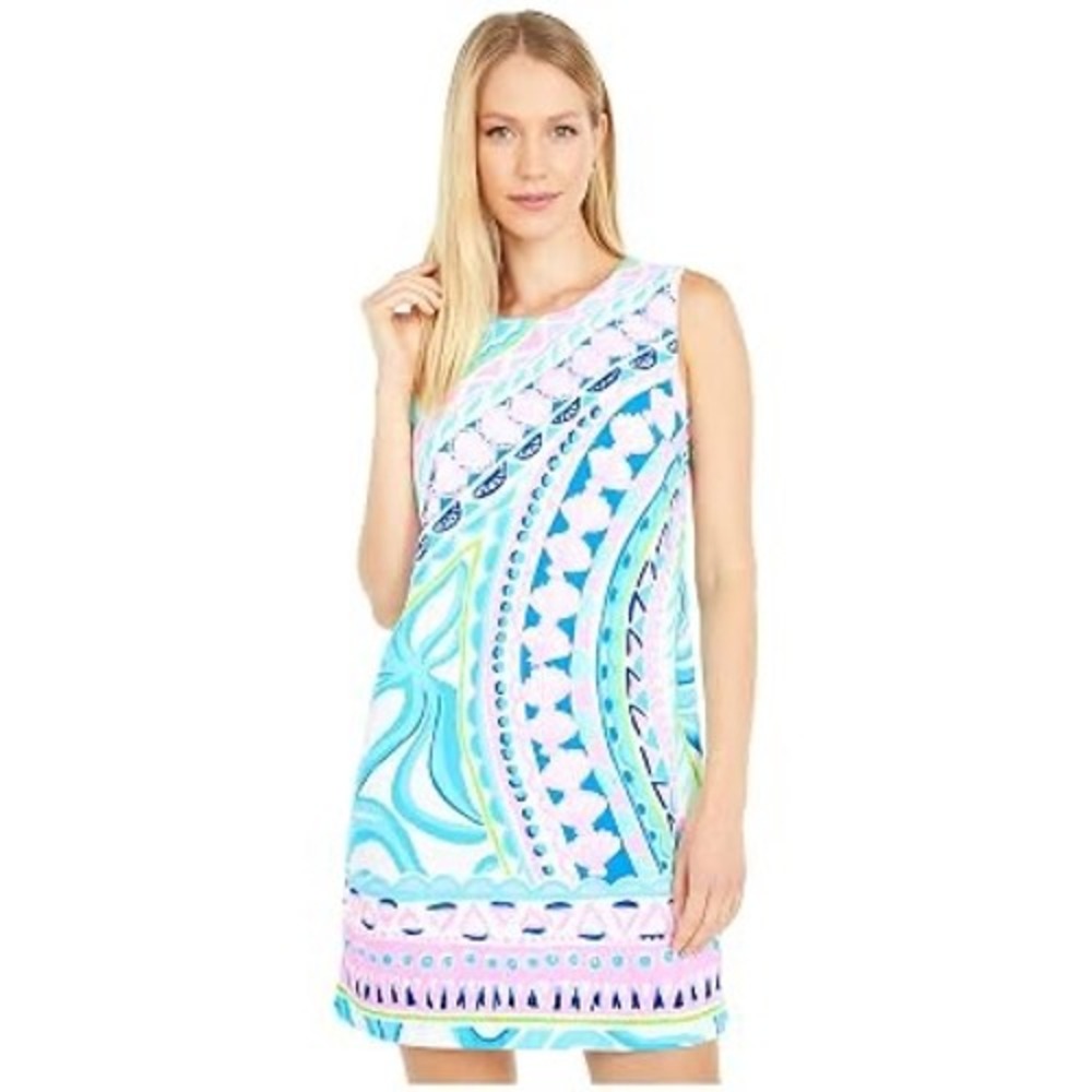 Lilly Pulitzer Narissa Stretch Shift Dress Coco Island Blue Pink Shells Size 16